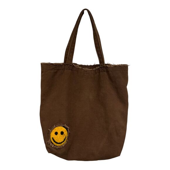 Urban Outfitters Smile Patch Distressed Canvas Brown Tote Bag - Picture 4 of 12